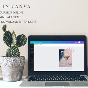 May include: A laptop screen displaying a Canva design template for a 21st birthday party invitation. The invitation features a pink and purple background with a martini glass and the text "TWENTY One".