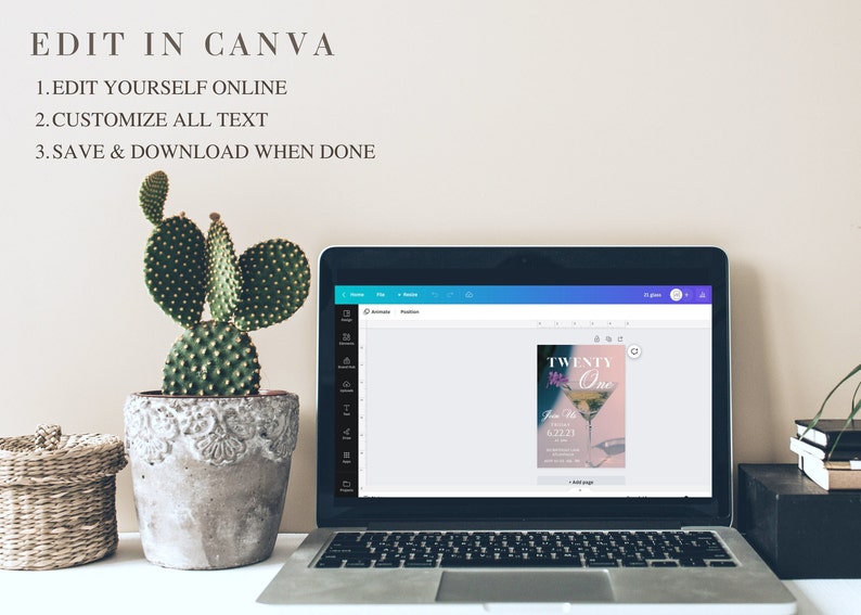 May include: A laptop screen displaying a Canva design template for a 21st birthday party invitation. The invitation features a pink and purple background with a martini glass and the text "TWENTY One".
