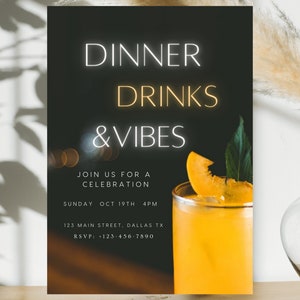 Birthday Dinner Invitation: Drinks & Vibes, Editable Template (Digital)
