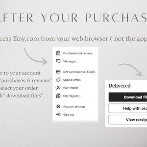 May include: A graphic illustration showing how to download digital files purchased on Etsy.com. The steps are listed: 1. Go to your account, 2. Select "purchases & reviews", 3. Select your order, 4. Click "download files".