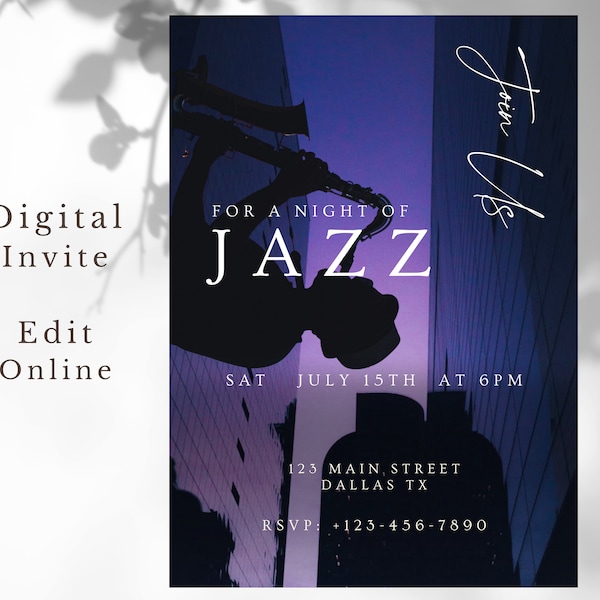 Modèle de flyer de musique jazz, invitation de nuit jazz, invitation de soirée jazz, flyer de soirée jazz numérique, invitation de dîner jazz