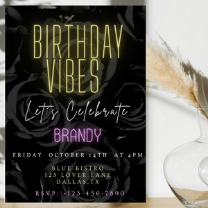 Birthday Dinner Invitation, Neon Birthday Dinner Invite, Birthday Invitation, Dinner Invitation, Adult Birthday