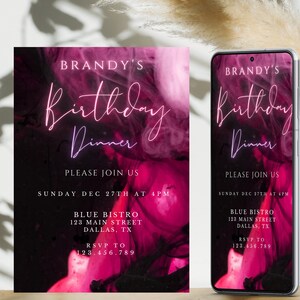 Pink Birthday Dinner Invitation, Dinner party invitation, Birthday dinner invite, Birthday dinner invitation digital,  invitation template