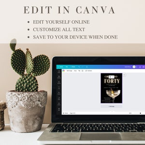May include: A laptop computer screen displaying a Canva design template for a 40th birthday party invitation. The invitation features a black background with gold text and a martini glass with a gold rim.