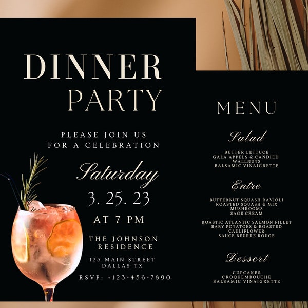 Elegant Dinner Invitation, Black Dinner Invitation, Dinner Party Invitation, Dinner Menu Template, Dinner Party Invitation Template