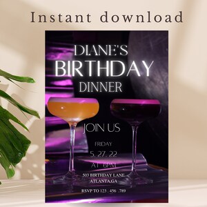 Editable Birthday Dinner Invitation: Cocktail Party Evite (Instant Download)