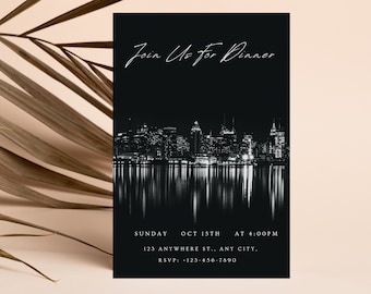 Op de afbeelding: Zwart-witfoto van een skyline van een stad 's nachts, met de tekst "Join Us for Dinner" bovenaan en details voor een dinerparty hieronder. De tekst luidt: "Sunday Oct 15th at 4:00PM, 123 Anywhere St., Any City. RSVP: 123-456-7890"
