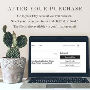 May include: A laptop computer screen showing an Etsy purchase confirmation page with the text "Delivered" and a button that says "Download Files".