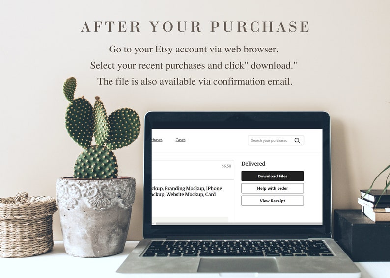 May include: A laptop computer screen showing an Etsy purchase confirmation page with the text "Delivered" and a button that says "Download Files".