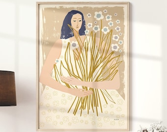 Minimalist Woman with Flowers Art Print: Mid-Century Modern (Digital Download)