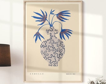 Colorful Abstract Flower Poster Boho Printable Art, Digital Download Wall Print, Large Printable Art, Blue Botanical Flowers Print