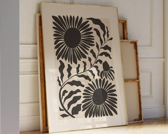 Abstract Sunflower Print: Black Beige Botanical Art (Digital Download)