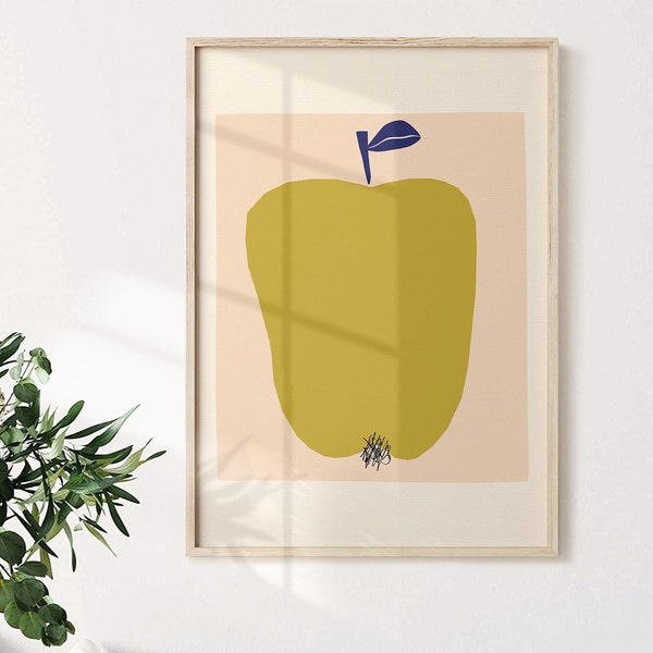 Apple Fruit Pop Art Retro Vegan and Vegetarian Posters Minimalist Print Aesthetic Wall Art Kitchen Decor Colorful Large Printable