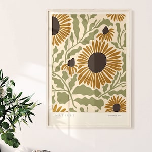Póster de Matisse con dibujo de girasol, arte del mercado de flores, decoración del hogar, verde salvia, exposición vintage, póster de Matisse, descarga digital
