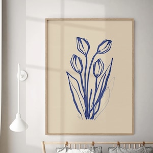 Blue Floral Still Life Drawing Bohemian Aesthetic Poster Printable Botanical Wall Art Instant Download