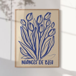 Blaue Blumen Stillleben Zeichnung druckbare botanische Wandkunst Boho Ästhetisches Poster Floral groß digitaler Download