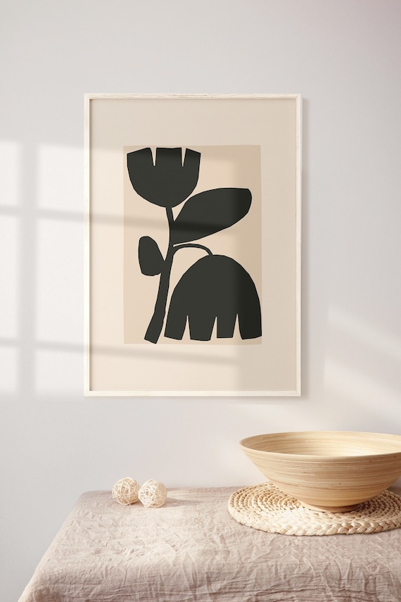 Minimalist Floral Art Print: Black Beige Botanical Poster (Digital Download)