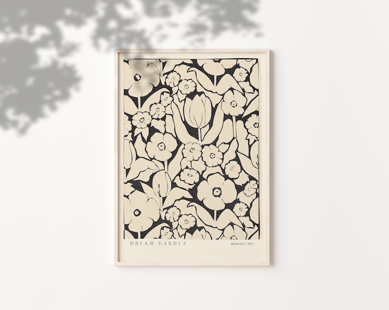 Black And Beige Flower Art Print Mid-Century Modern Wall Art Neutral Toned Poster Downloadable Print Matisse Style image 2