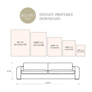 May include: A diagram showing different print sizes for artwork, including ISO - A1 (59.4 x 84.1 cm), Ratio 2:3 (50 x 76 cm), Ratio 3:4 (45 x 60 cm), Ratio 4:5 (40 x 50 cm), and Ratio 11:14 (27.9 x 35.5 cm). The diagram also shows a sofa that is 200 cm wide and 54 cm high.