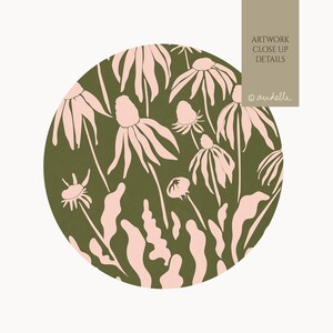 May include: A circular illustration of pink flowers and leaves on a dark green background. The artwork is titled "Artwork Close Up Details" with the artist's name "@audelle" in the upper right corner.