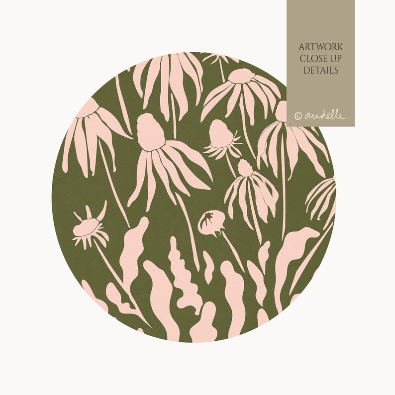 May include: A circular illustration of pink flowers and leaves on a dark green background. The artwork is titled "Artwork Close Up Details" with the artist's name "@audelle" in the upper right corner.