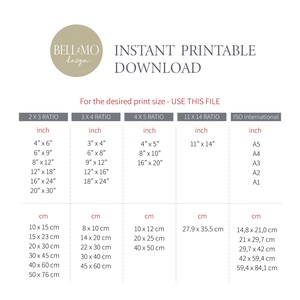 May include: A chart showing different print sizes for printable art, with measurements in inches and centimeters. The chart includes 2x3, 3x4, 4x5, 11x14, and ISO international paper sizes.