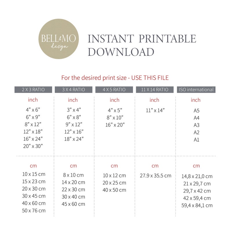 May include: A chart showing different print sizes for printable art, with measurements in inches and centimeters. The chart includes 2x3, 3x4, 4x5, 11x14, and ISO international paper sizes.