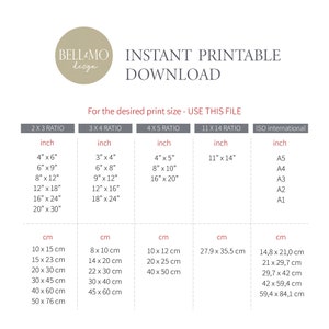 May include: Print size guide for instant printable downloads. Includes inch and centimeter measurements for various print ratios, such as 2x3, 3x4, 4x5, and 11x14, as well as ISO international sizes. The image features the "BELLAMO design" logo.