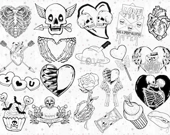 Spooky Valentine Lineart Clipart Bundle, gothic Valentine PNG, Black & white valentine Clip art, Anti Valentine PNG, Skull Valentine day