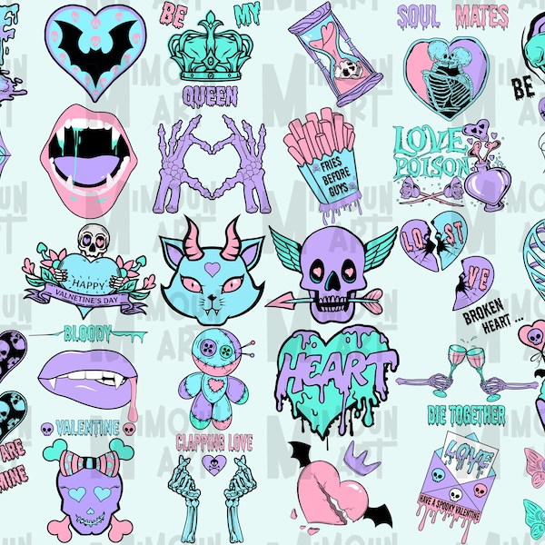 Creepy Pastel goth Valentines Clipart Bundle,Spooky and romantic valentines day clipart, Gothic clipart,Anti valentines PNG digital Download