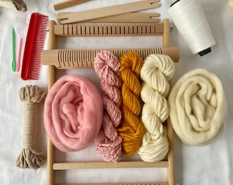 Pink Weaving Starter Kit: Beech Wood Loom with Yarns (9x13 inch)