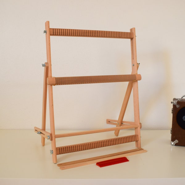 Telar XL de madera de haya con soporte y barra de lizos (56 x 42 cm)