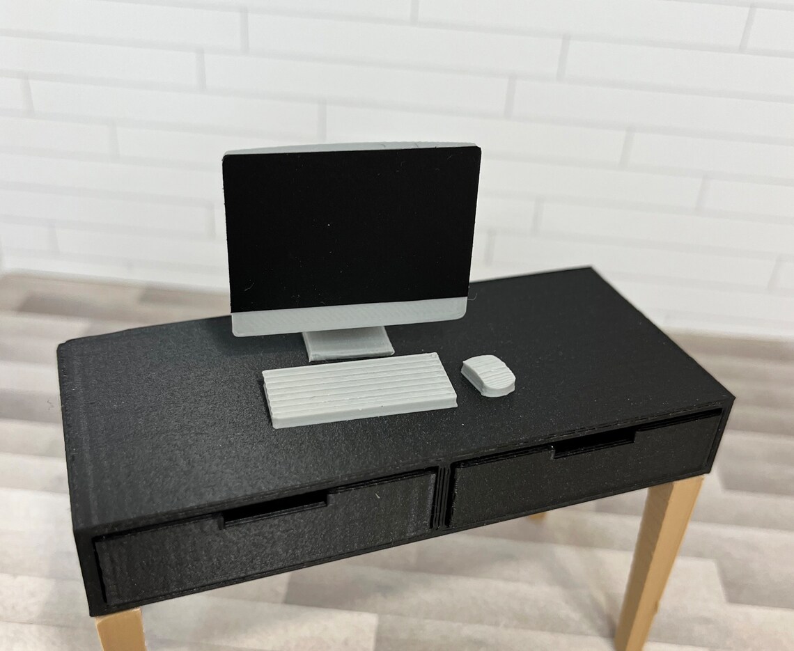 Computer Table Stl 3D Digital 1:12 Scale Desk With Computer, 3 Drawer File Box, Clock, and ...