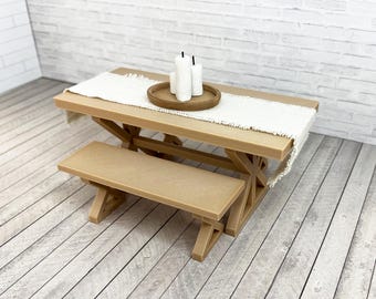 3D STL, OBJ Digital Print File - 1:12 Scale Farmhouse Table and Bench - Miniature Dollhouse Furniture (chair file sold separately)