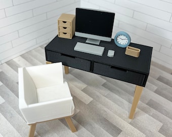 3D Digital 1:12 Scale Desk with Computer, 3 drawer file box, clock, and pencil holder STL, OBJ file ONLY