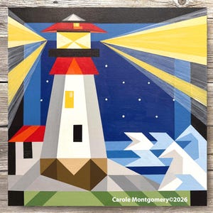 May include: Geometric painting of a lighthouse with a red roof, white tower, and yellow light beams against a dark blue sky. The artwork includes the artist's signature and the year 2026. The lighthouse is positioned near stylized waves.