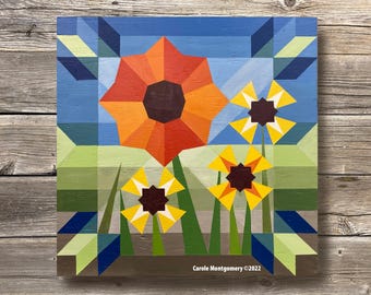 Poppy Burst Barn-quiltpatroon en instructies voor het schilderen van deze buitenkunst
