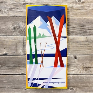 May include: A colourful abstract painting of skis and mountains. The skis are red, green and blue. The mountains are white and blue. The background is a dark blue. The painting is signed "Carole Montgomery ©2024".