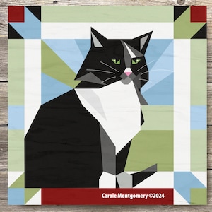 May include: A black and white cat with green eyes sits in a geometric pattern of red, green, and blue. The cat is looking to the right. The image is signed "Carole Montgomery ©2024".