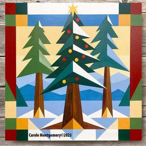 May include: A painting of three stylized Christmas trees in a snowy landscape. The trees are green with white snow on their tops and have red and yellow ornaments. The background is a light blue sky with white clouds and a yellow star.