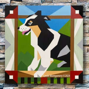 May include: A colourful geometric painting of a black and white dog with a pink tongue sticking out. The dog is sitting on a green and blue background with a brown wooden frame. The painting is signed "Carole Montgomery ©2024".