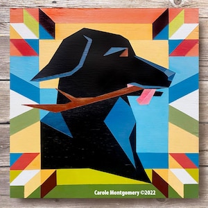 Patrón de colcha de granero de Labrador Retriever negro e instrucciones para pintar esta obra de arte al aire libre