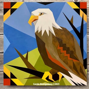 Könnte beinhalten: Geometrisches Gemälde eines Weißkopfseeadlers, der auf einem Ast sitzt. Der Adler ist braun, weiß und rot mit einem gelben Schnabel. Der Hintergrund ist blau und grün mit schwarzen Ästen.