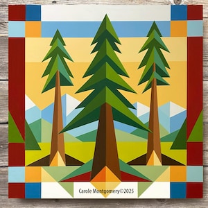 Peut inclure: Peinture carrée représentant trois pins verts stylisés avec des troncs bruns sur un ciel jaune et bleu. L'œuvre comprend des formes de montagnes géométriques et une bordure colorée. Le nom et l'année de l'artiste sont dans le coin inférieur.