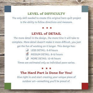 May include: A graphic with the text "LEVEL of DIFFICULTY" and "LEVEL of DETAIL" with a checklist of estimated time to complete a project. The checklist includes "LESS DETAIL: 6-8 hours", "MEDIUM DETAIL: 8-12 hours", and "MORE DETAIL: 12-16 hours". The graphic also includes the text "The Hard Part is Done for You!" and "Dive right in and start creating your unique piece of outdoor art-something you'll be proud of."