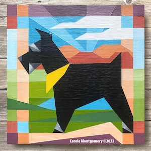 May include: Geometric painting of a black dog with a yellow collar standing in a field with a blue sky and white clouds. The painting is in a geometric style with a patchwork of colors. The artist's signature, "Carole Montgomery ©2023", is in the bottom right corner.