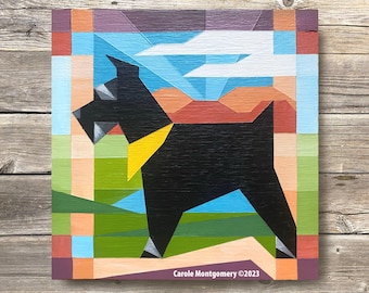 May include: Geometric painting of a black dog with a yellow collar standing in a field with a blue sky and white clouds. The painting is in a geometric style with a patchwork of colors. The artist's signature, "Carole Montgomery ©2023", is in the bottom right corner.