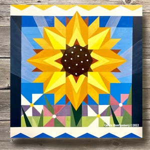 Hello Sunflower Barnキルトのパターンと、この屋外アートを描くための手順