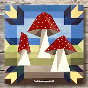 Wzór kołdry Woodland Red Mushrooms Barn Quilt i wskazówki dotyczące malowania tego dzieła sztuki na świeżym powietrzu