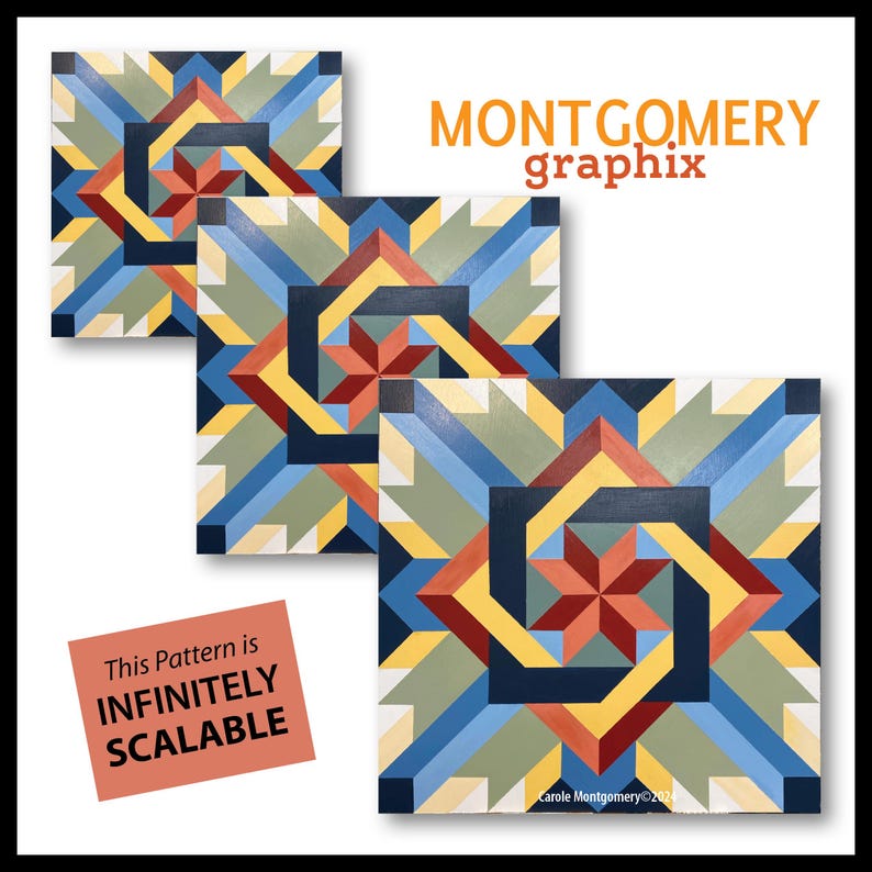 May include: Three square paintings with a geometric pattern in shades of blue, yellow, red, green, and black. The pattern is infinitely scalable. The text "MONTGOMERY graphix" is at the top of the image. The text "This Pattern is INFINITELY SCALABLE" is on a pink rectangle at the bottom left of the image.